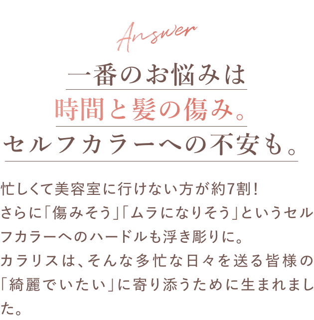 回答：一番のお悩みは時間と髪の傷み。セルフカラーへの不安も。