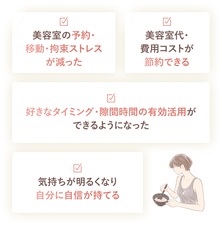 美容室の予約・移動・拘束ストレスが減った、美容室代・費用コストを節約できる、好きなタイミングや隙間時間を有効活用できる、気持ちが明るくなり自分に自信が持てる。