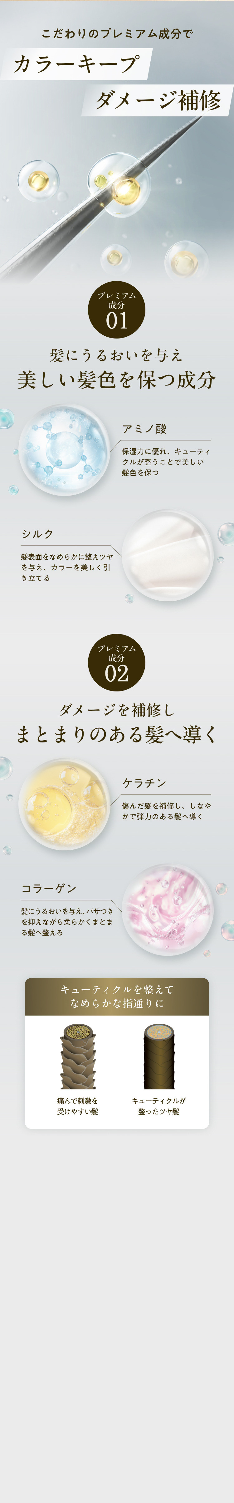 カラーキープ、ダメージ補修、うるおい、ツヤを考えたプレミアム成分